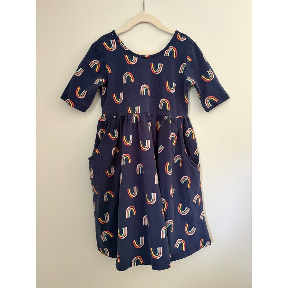 Hanna Andersson Girls Navy Blue Rainbow Print Pocket Skater Dress US 6-7 120cm